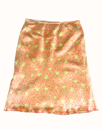 90s Anthropologie Yellow Leopard & Rose Print Silk Midi Skirt (M)