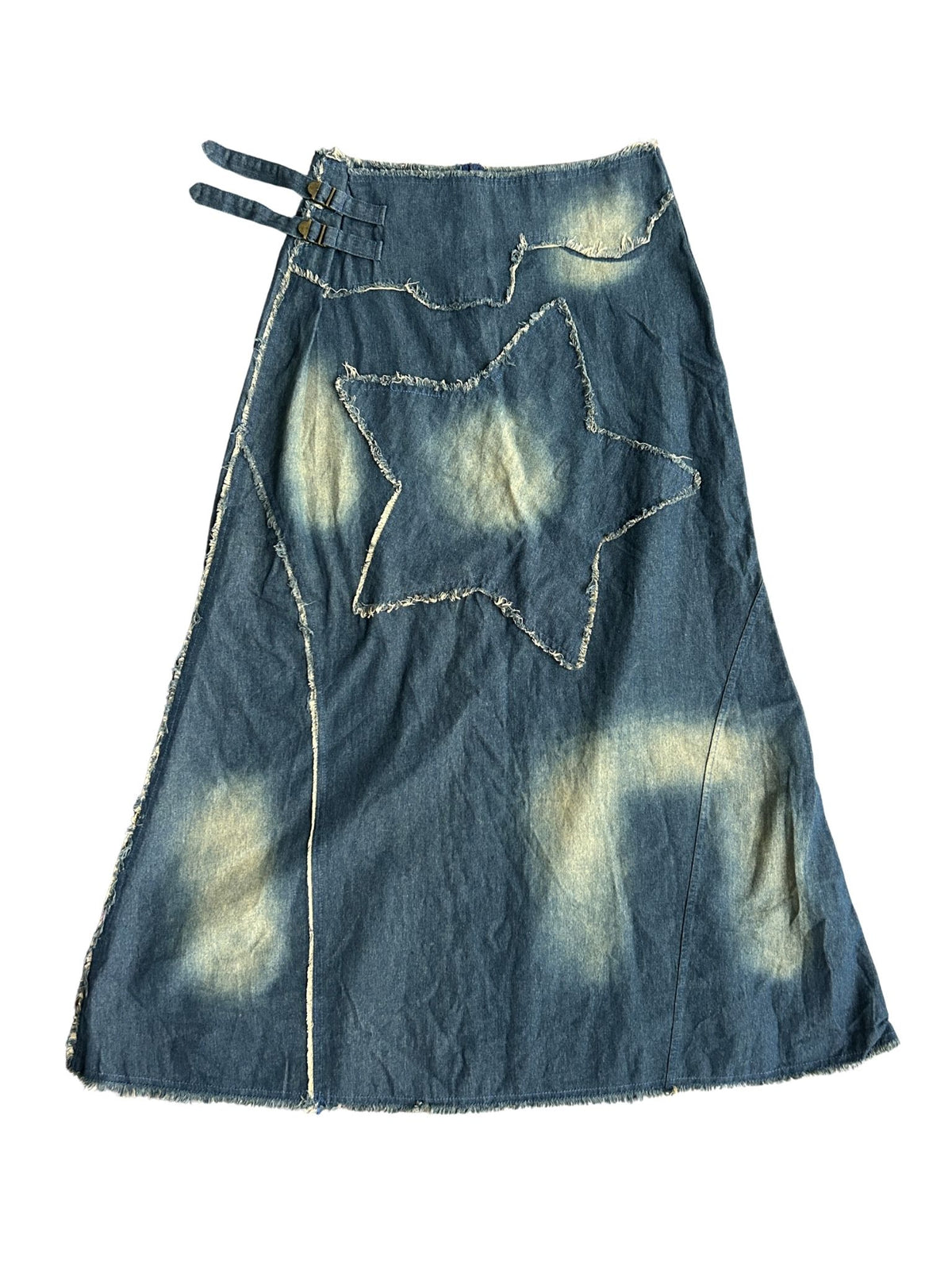 90s Distressed Denim Maxi Skirt with Bleach Star Design (M)