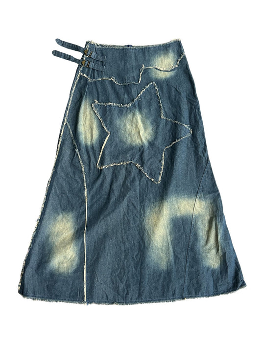 90s Distressed Denim Maxi Skirt with Bleach Star Design (M)