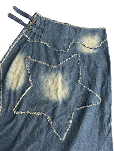 90s Distressed Denim Maxi Skirt with Bleach Star Design (M)