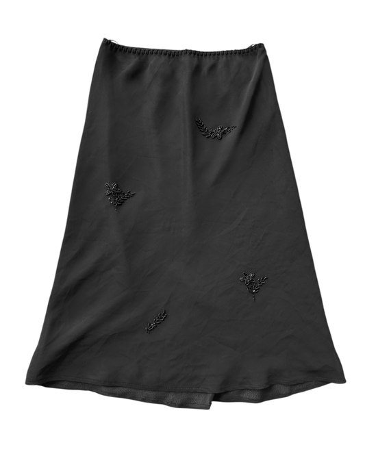 90s Black Midi Skirt with Beaded Floral Appliqués -- As-is (S)