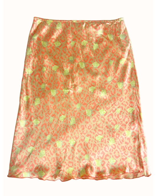 90s Anthropologie Yellow Leopard & Rose Print Silk Midi Skirt (M)