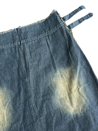 90s Distressed Denim Maxi Skirt with Bleach Star Design (M)