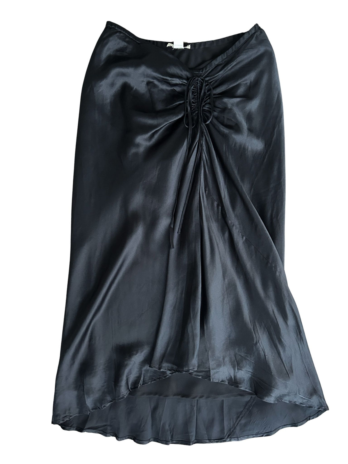Y2k Black Silk Ruched High-Low Midi Skirt (L)