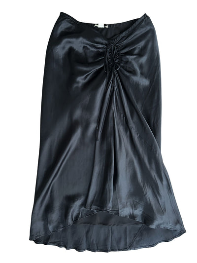 Y2k Black Silk Ruched High-Low Midi Skirt (L)