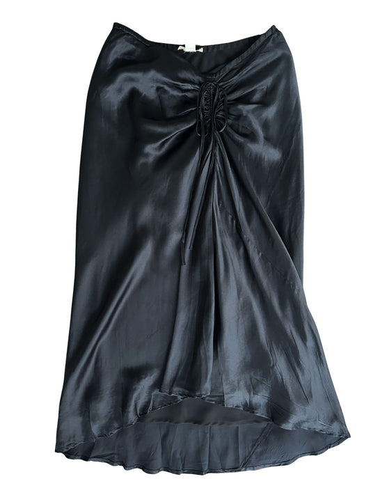 Y2k Black Silk Ruched High-Low Midi Skirt (L)