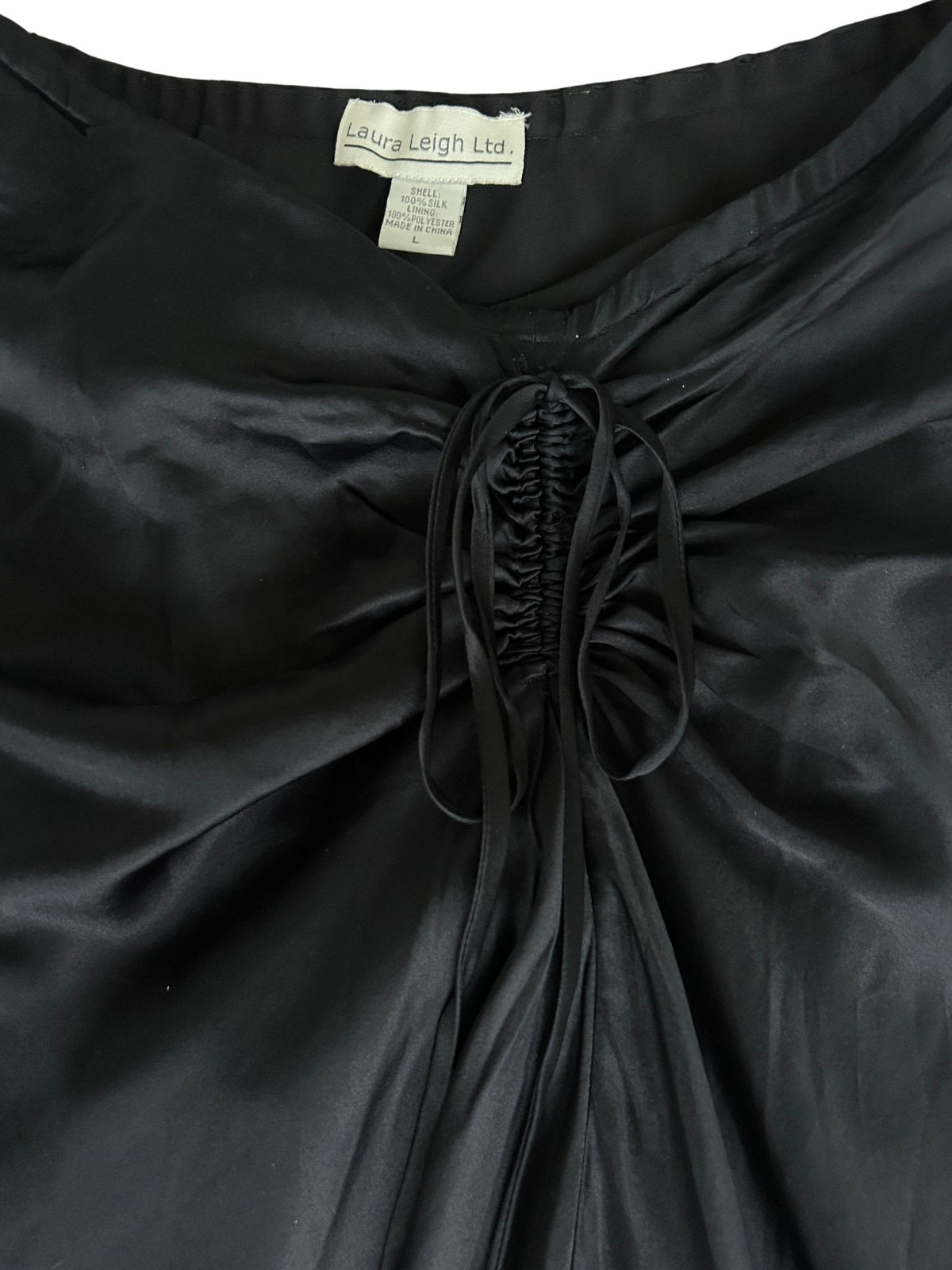 Y2k Black Silk Ruched High-Low Midi Skirt (L)