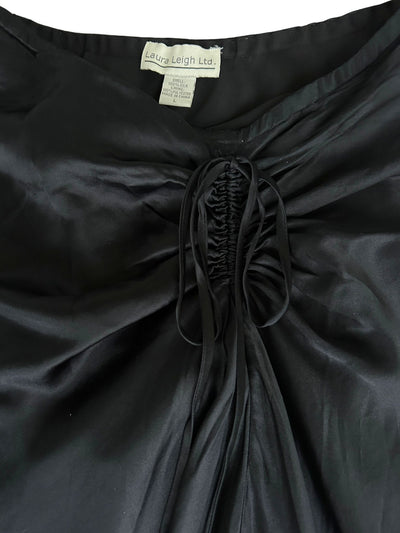 Y2k Black Silk Ruched High-Low Midi Skirt (L)
