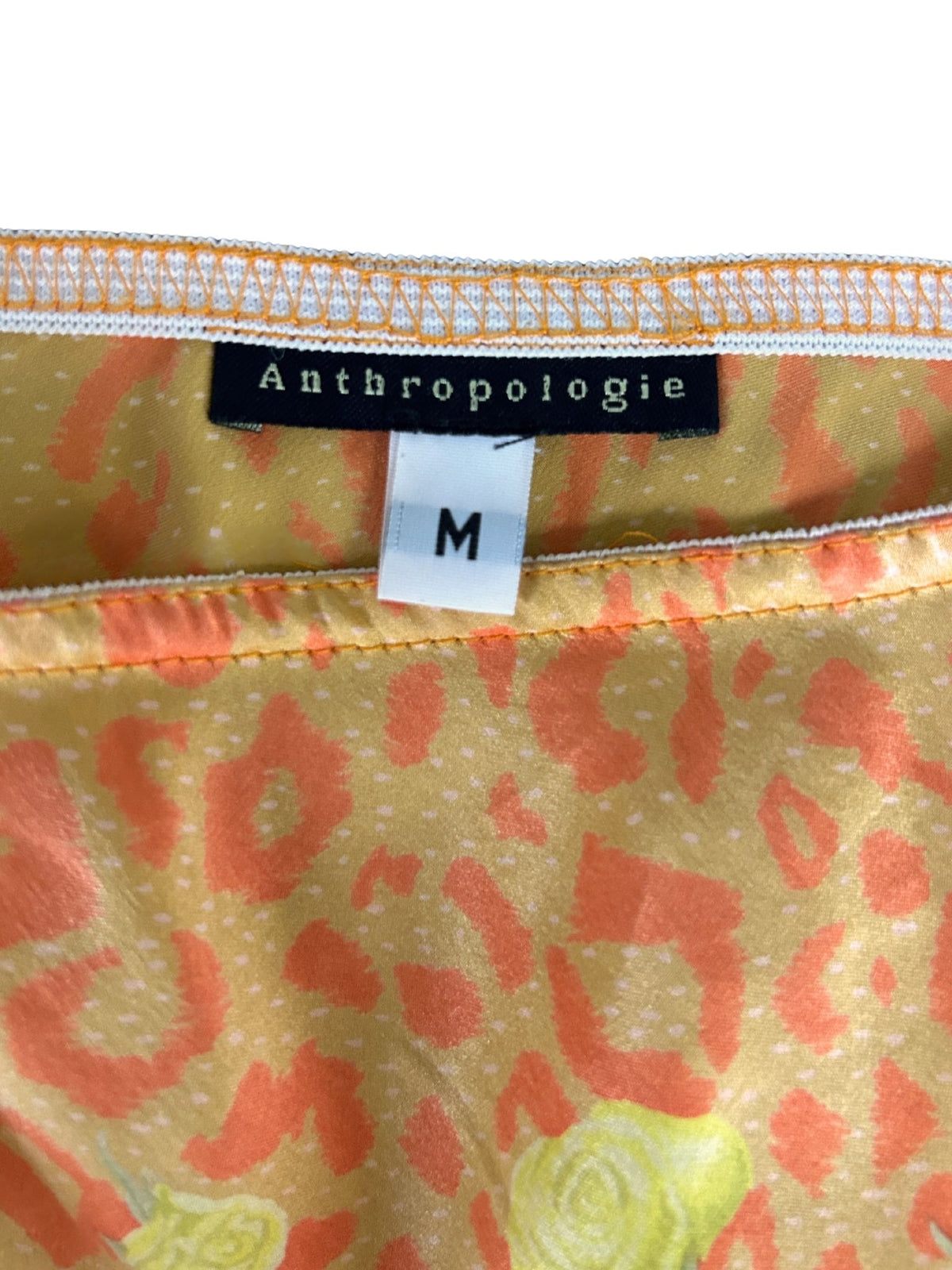 90s Anthropologie Yellow Leopard & Rose Print Silk Midi Skirt (M)