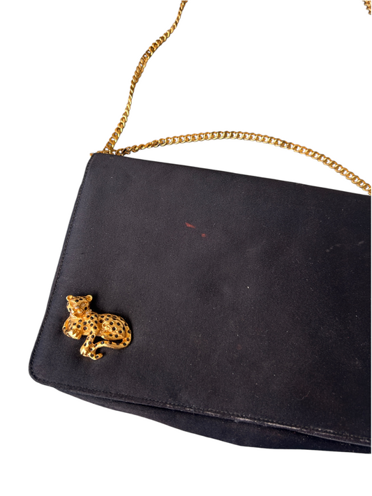50s Black Structured Evening Bag with Gold Leopard Detail