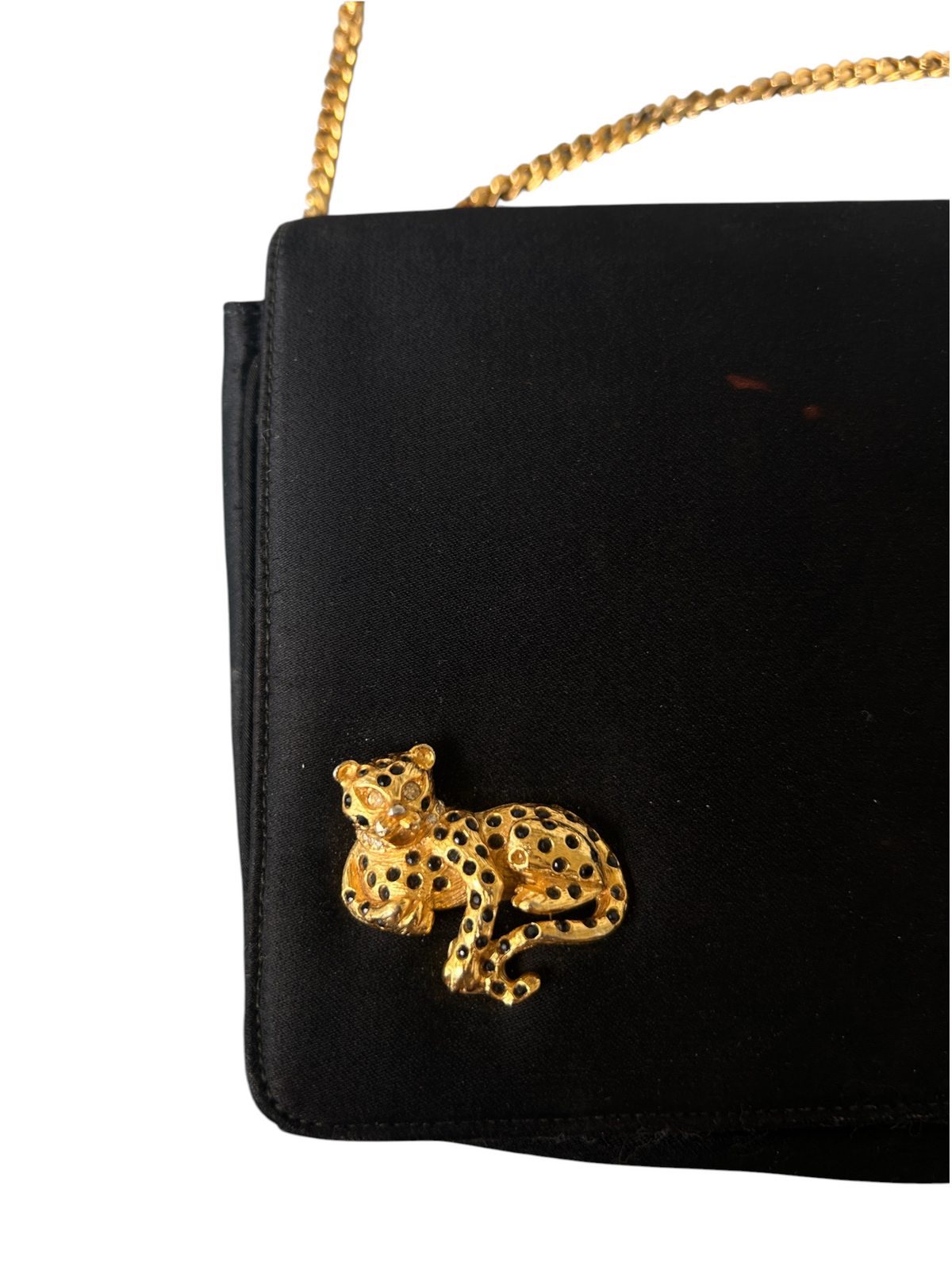 50s Black Structured Evening Bag with Gold Leopard Detail