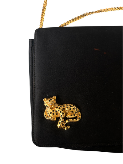 50s Black Structured Evening Bag with Gold Leopard Detail