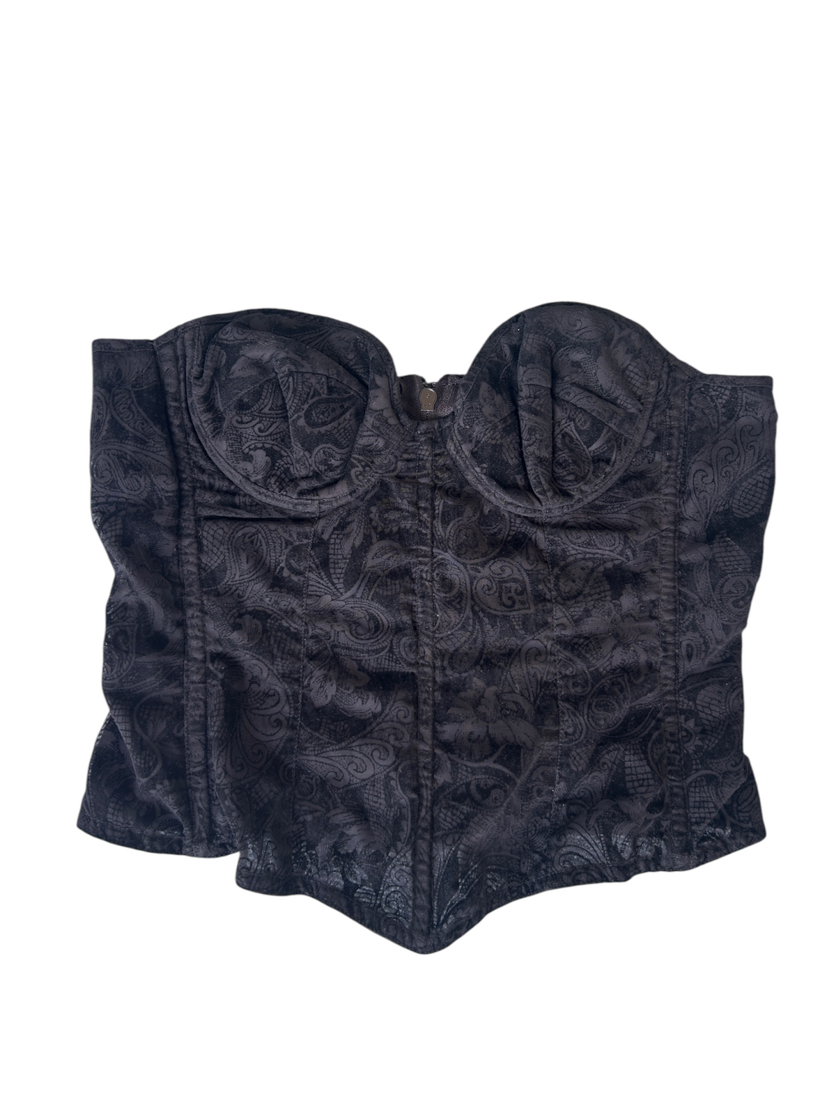 90s Black Brocade Print Strapless Corset Top (XS)