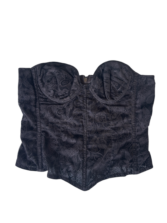 90s Black Brocade Print Strapless Corset Top (XS)