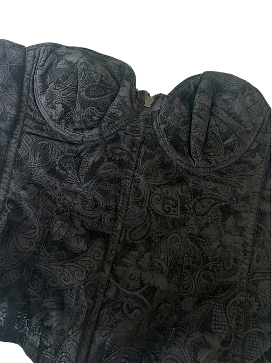 90s Black Brocade Print Strapless Corset Top (XS)