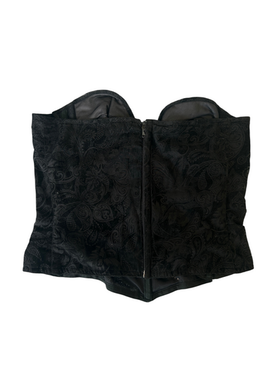 90s Black Brocade Print Strapless Corset Top (XS)