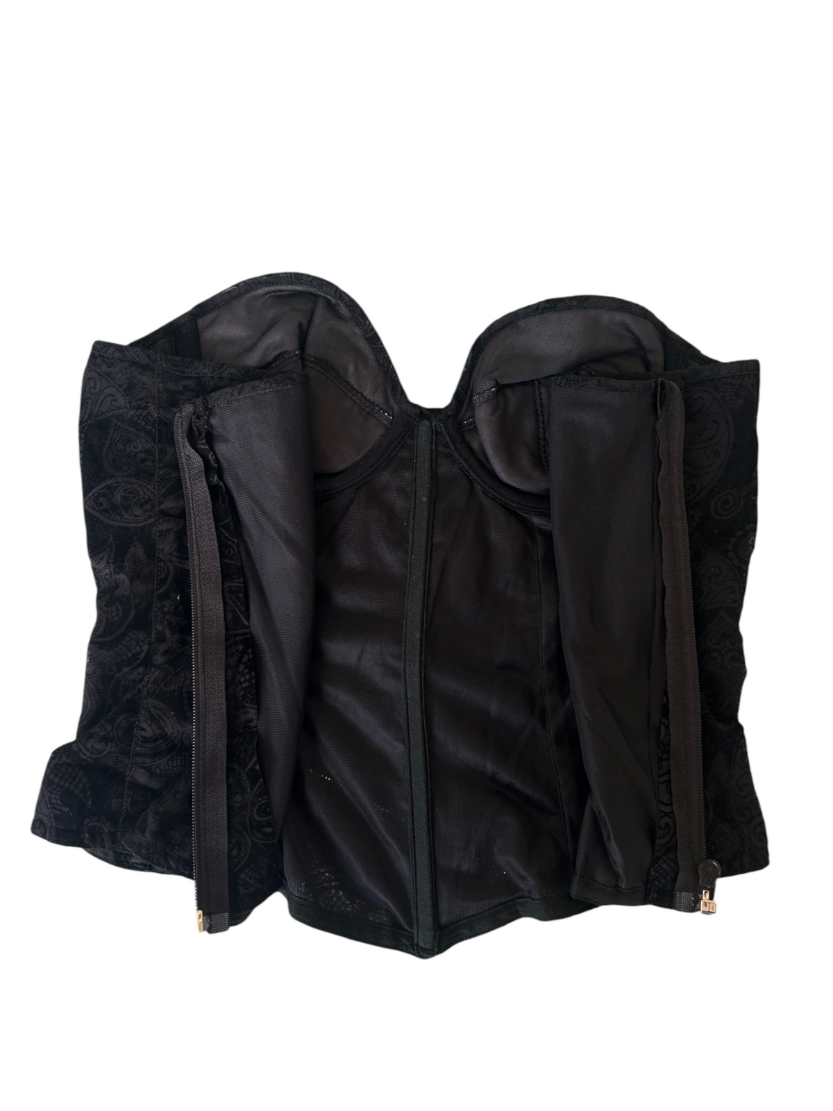 90s Black Brocade Print Strapless Corset Top (XS)