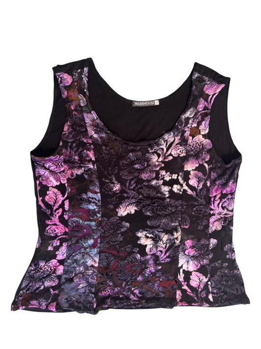 90s Velvet Burnout Floral Panel Tank Top (L)