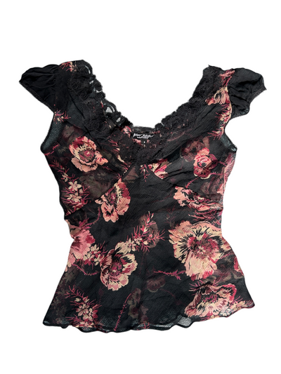 Y2k Betsey Johnson Floral Silk Sheer Top with Lace Trim (XS)