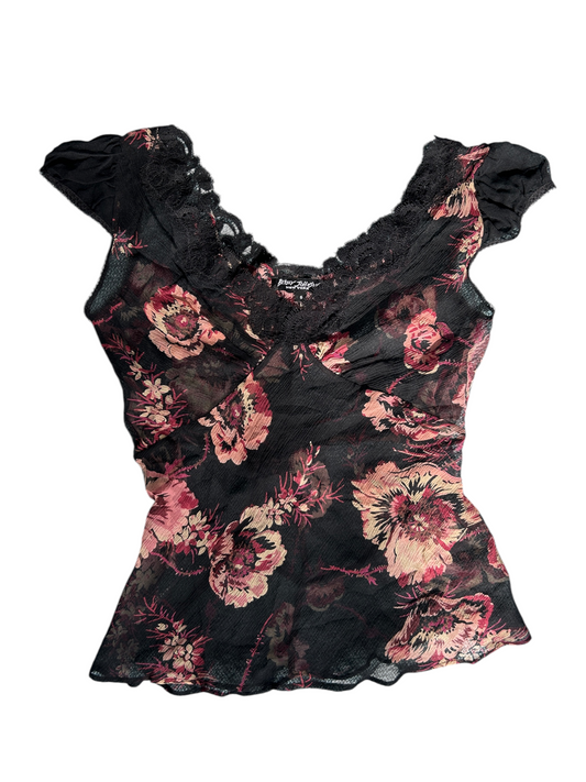 Y2k Betsey Johnson Floral Silk Sheer Top with Lace Trim (XS)