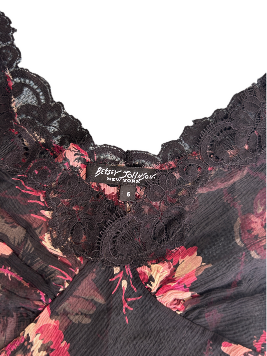 Y2k Betsey Johnson Floral Silk Sheer Top with Lace Trim (XS)