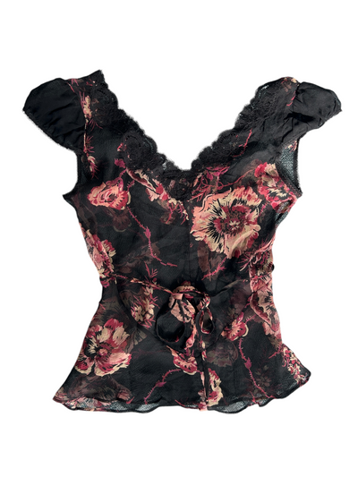 Y2k Betsey Johnson Floral Silk Sheer Top with Lace Trim (XS)