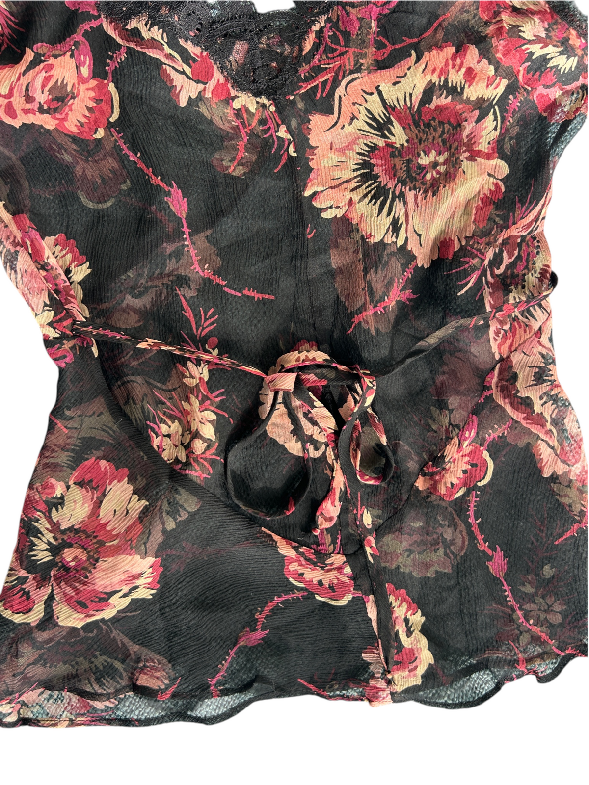 Y2k Betsey Johnson Floral Silk Sheer Top with Lace Trim (XS)