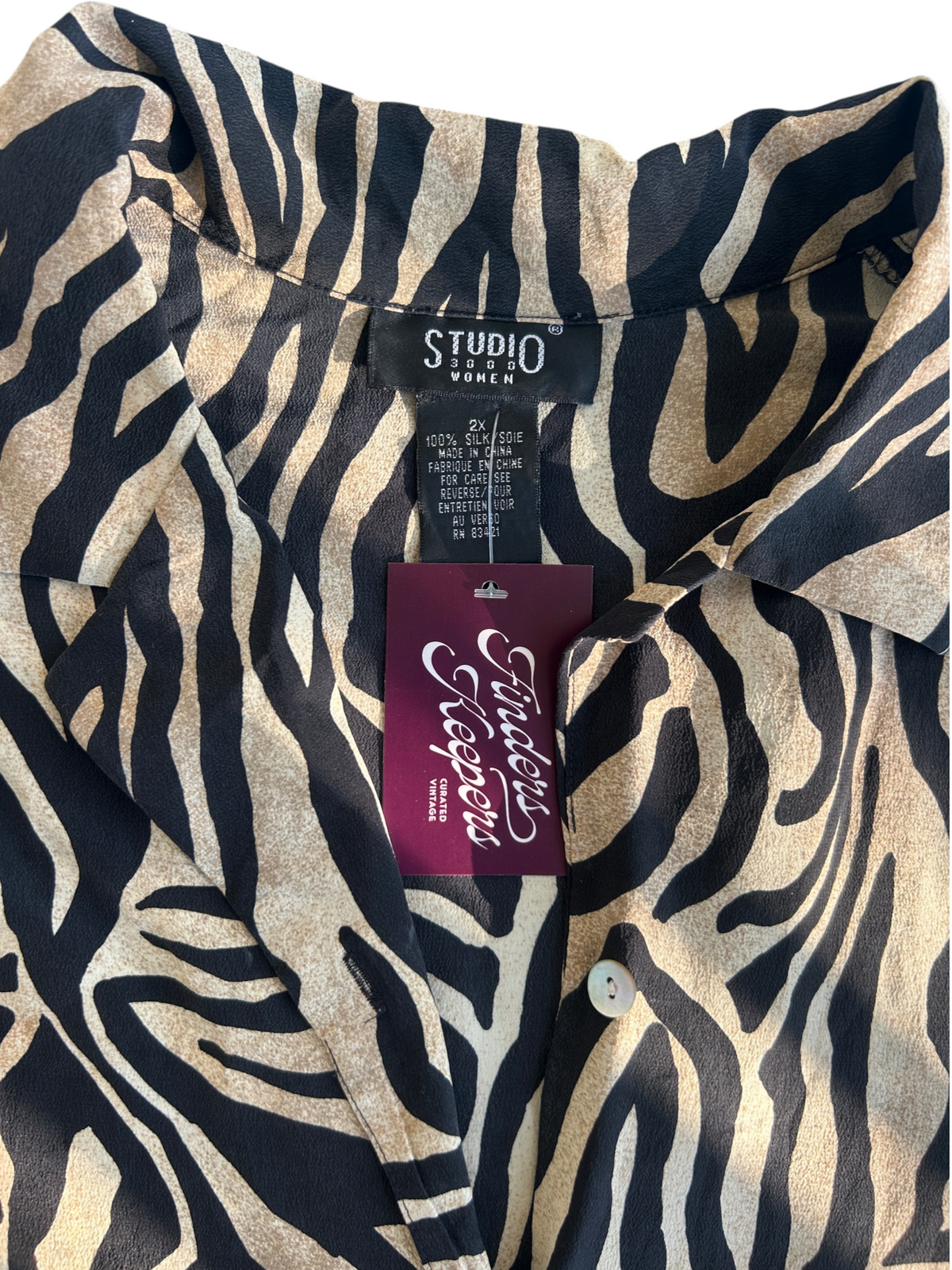 90s Silk Zebra Print Button-Up Shirt (Plus Size)