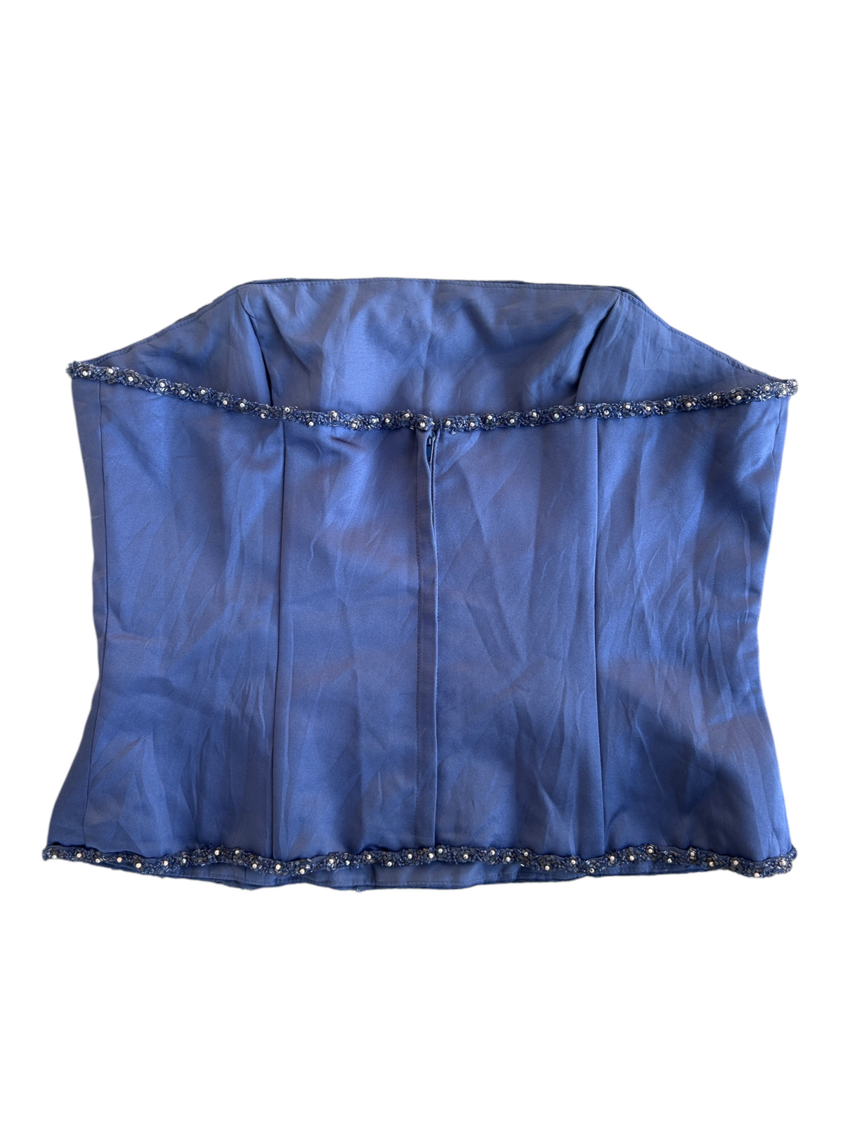 90s Blue Satin Beaded Strapless Top (L)