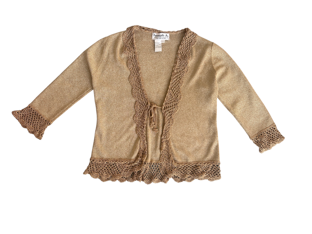 90s Joseph A. Metallic Gold Crochet-Trim Cardigan (XL)