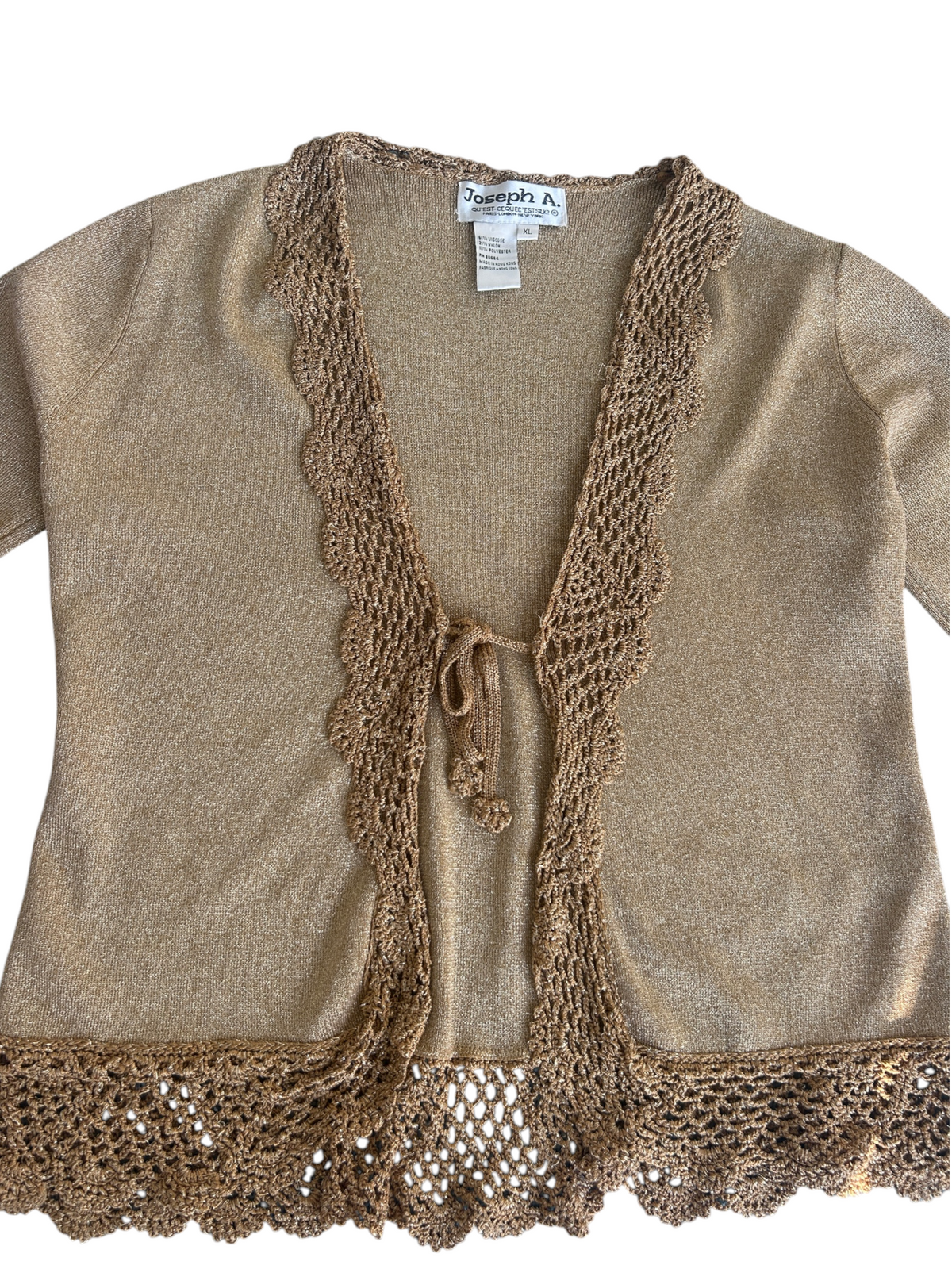 90s Joseph A. Metallic Gold Crochet-Trim Cardigan (XL)