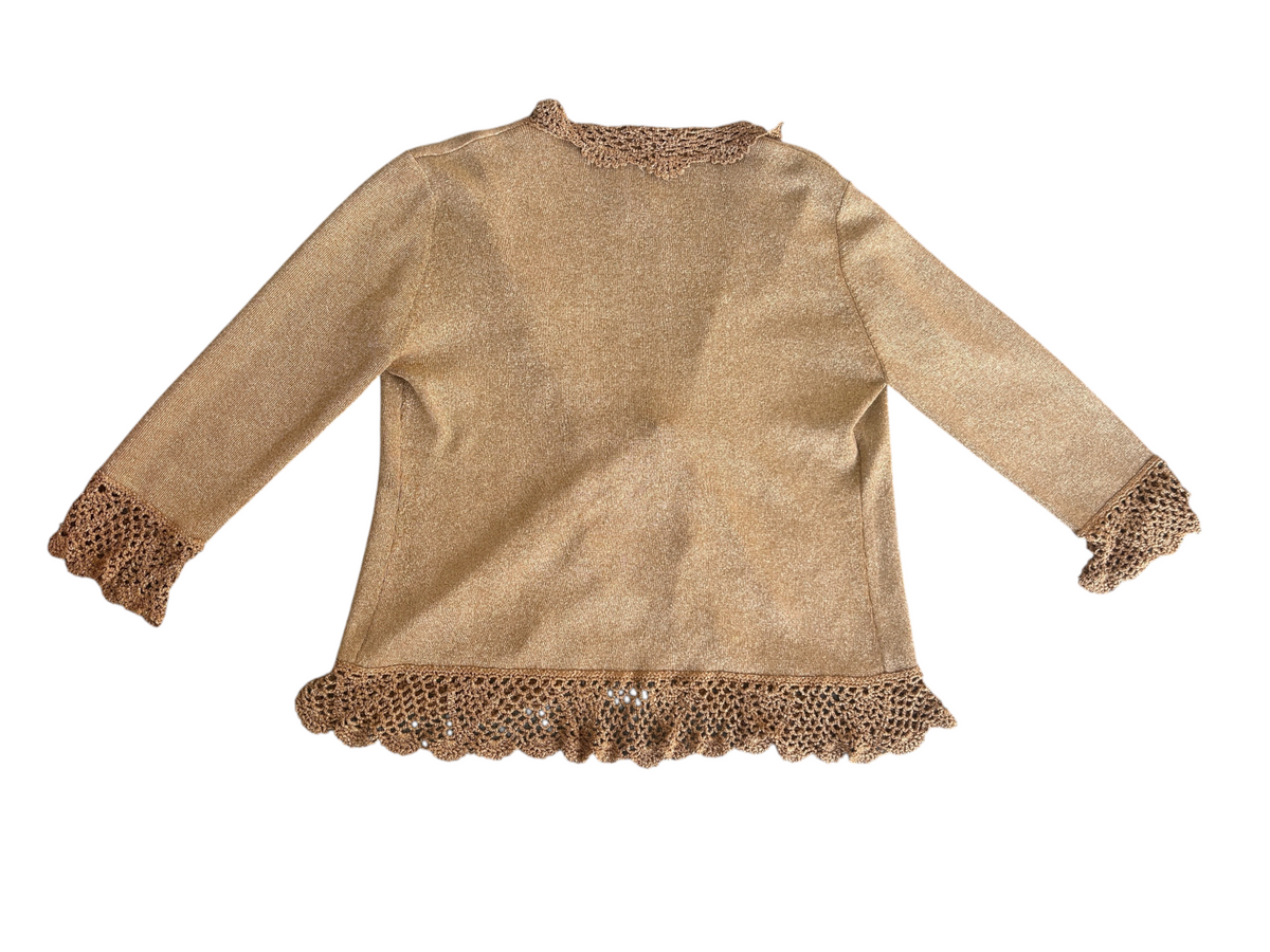 90s Joseph A. Metallic Gold Crochet-Trim Cardigan (XL)