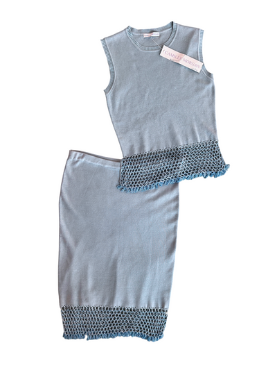 70s Camille Morgan Light Blue Beaded Knit Two-Piece Set -- New with Tags (M)
