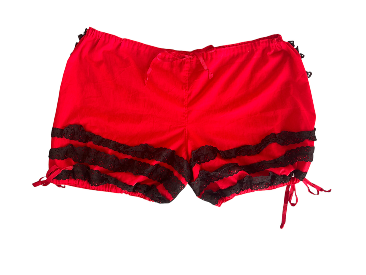 70s Red Bloomer Shorts with Black Lace Ruffle Trim (Plus Size)