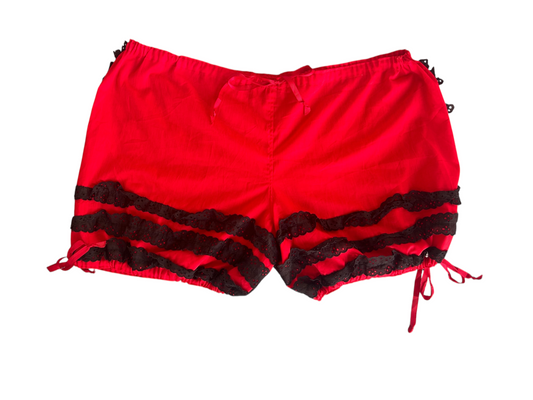 70s Red Bloomer Shorts with Black Lace Ruffle Trim (Plus Size)