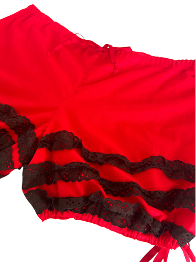 70s Red Bloomer Shorts with Black Lace Ruffle Trim (Plus Size)