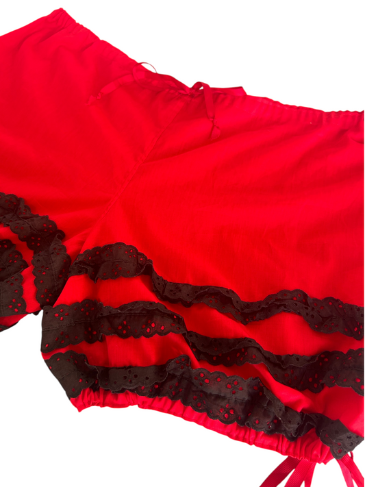 70s Red Bloomer Shorts with Black Lace Ruffle Trim (Plus Size)