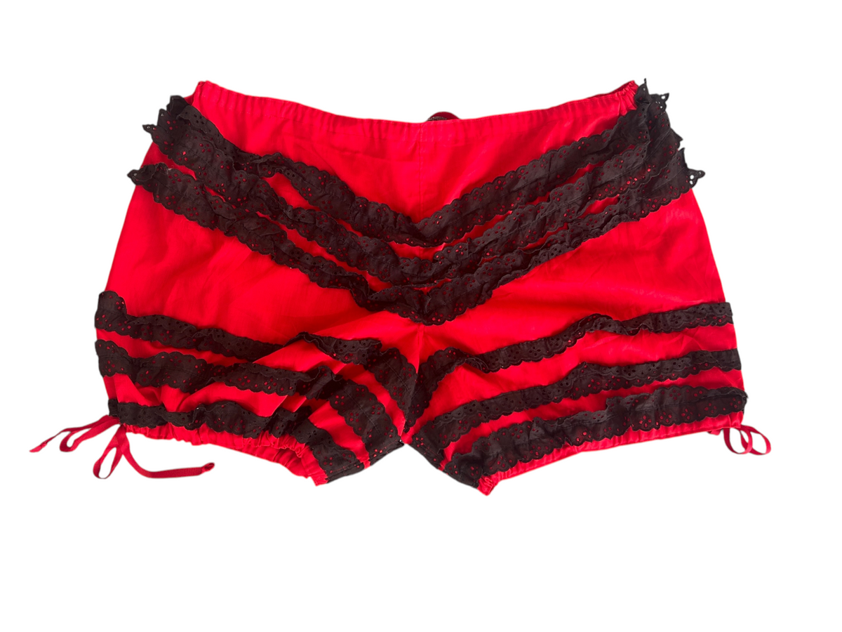 70s Red Bloomer Shorts with Black Lace Ruffle Trim (Plus Size)