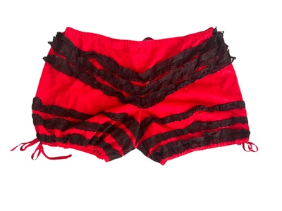 70s Red Bloomer Shorts with Black Lace Ruffle Trim (Plus Size)