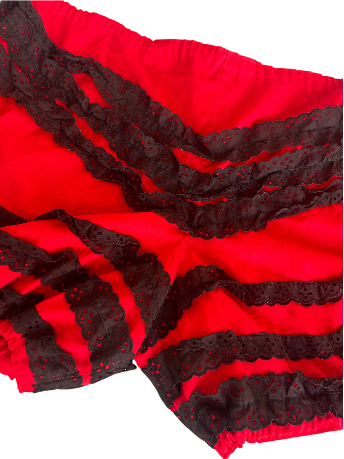 70s Red Bloomer Shorts with Black Lace Ruffle Trim (Plus Size)