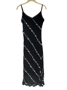 Y2k Betsey Johnson Silk Black Floral Applique Dress (M)