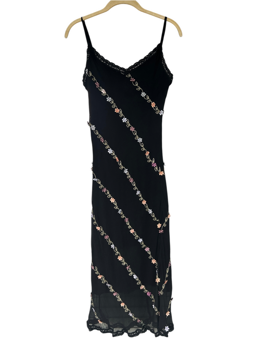 Y2k Betsey Johnson Silk Black Floral Applique Dress (M)