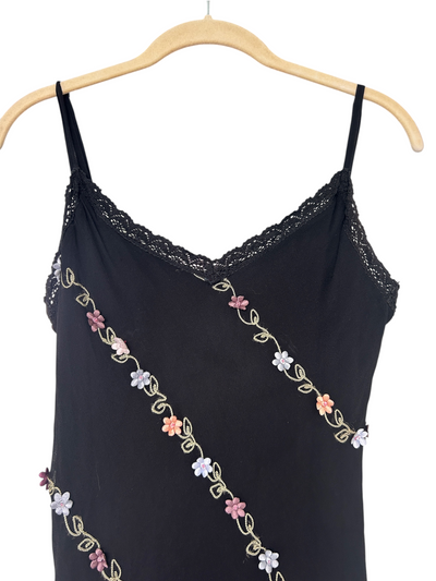 Y2k Betsey Johnson Silk Black Floral Applique Dress (M)