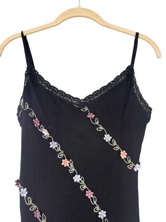 Y2k Betsey Johnson Silk Black Floral Applique Dress (M)