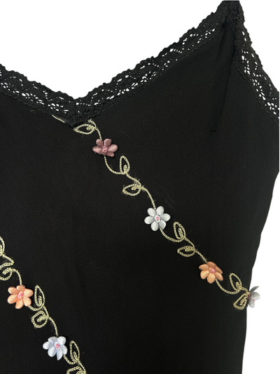 Y2k Betsey Johnson Silk Black Floral Applique Dress (M)