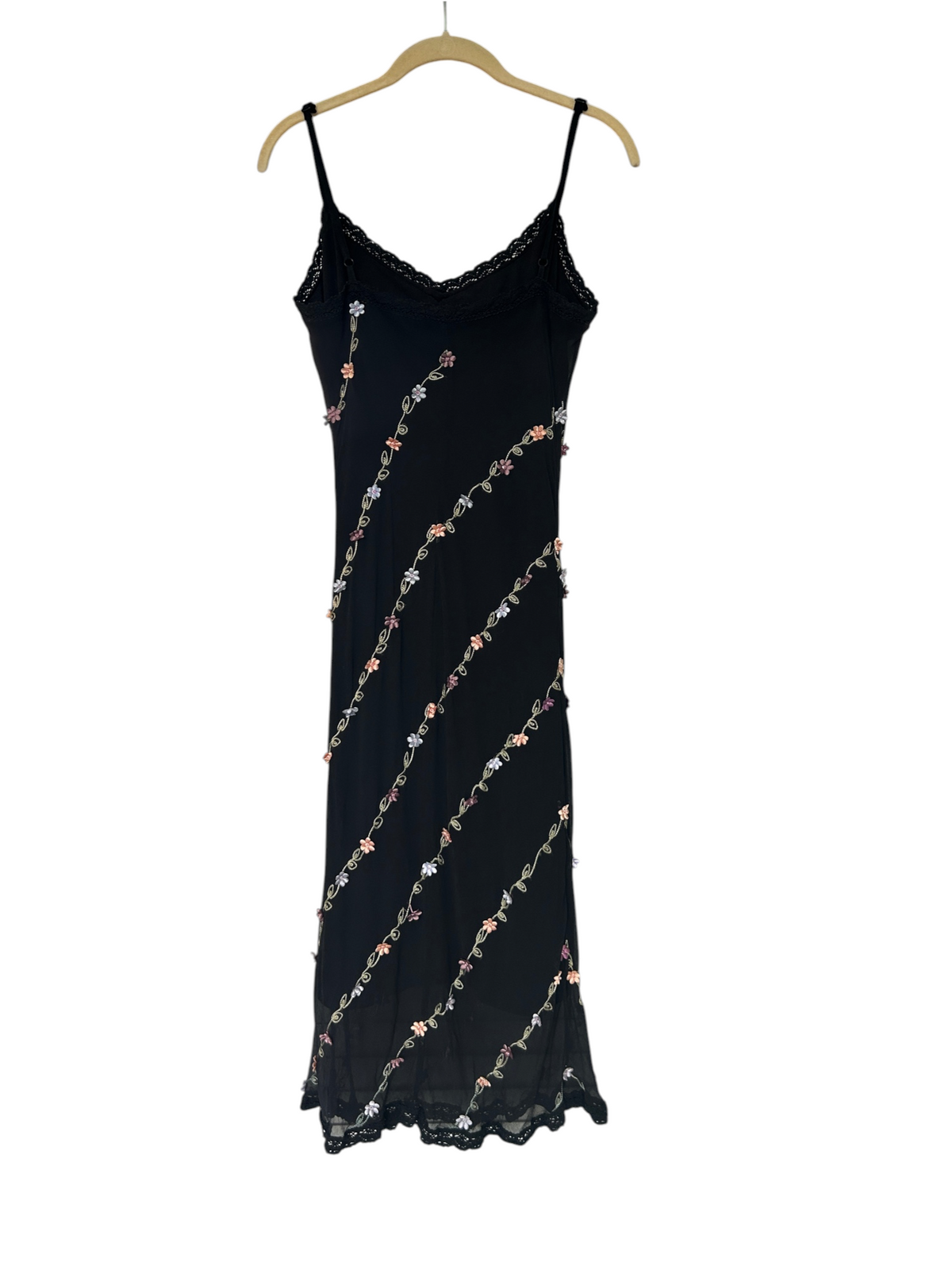 Y2k Betsey Johnson Silk Black Floral Applique Dress (M)
