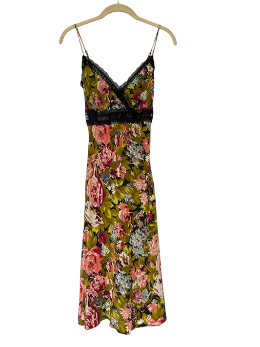 Y2k Betsey Johnson Silk Green Floral Dress with Lace Trim (XS)