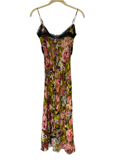 Y2k Betsey Johnson Silk Green Floral Dress with Lace Trim (XS)