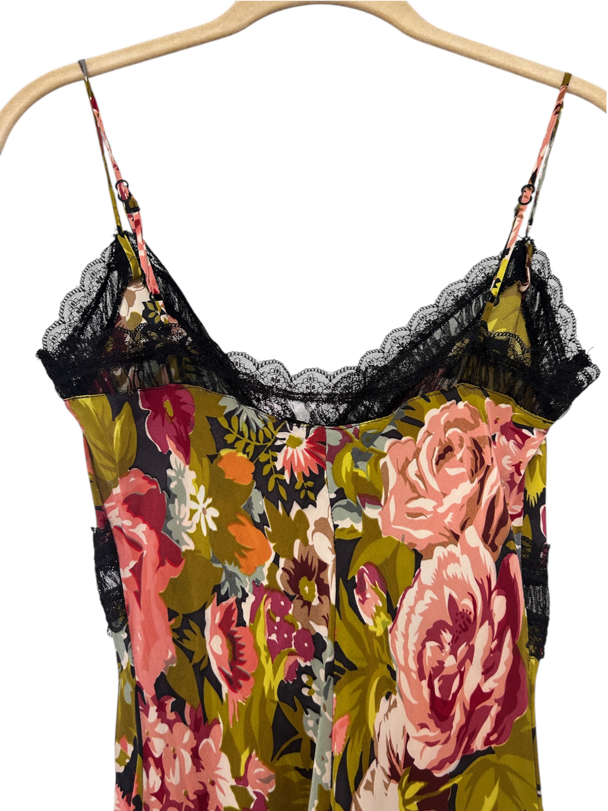 Y2k Betsey Johnson Silk Green Floral Dress with Lace Trim (XS)