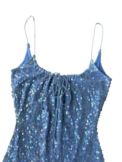70s Camille Morgan Blue Sequin Maxi Dress (S)